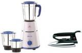 Bajaj Combo Pack Pluto With 600 Dry Iron 500 W Mixer Grinder With Iron 3 Jars, White, Blue