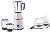 Bajaj Combo Pack Pluto With 750 Dry Iron 500 W Mixer Grinder With Iron 3 Jars, White, Blue