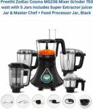 Preethi Zodiac Cosmo Super Extractor Juicer Jar & Master Chef + Food Processor Jar MG 236 750 Juicer Mixer Grinder 5 Jars, Black