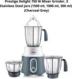 Prestige 3 Stainless Steel Jars 1500 Ml, 1000 Ml, 300 Ml DELIGHT 750 Juicer Mixer Grinder 3 Jars, Charcoal Grey