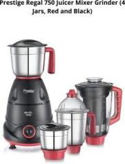 Prestige REGAL 3 STAINLESS STEEL JARS + 1 TRANSPARENT JUICER JAR WITH SIEVE 750 Juicer Mixer Grinder 4 Jars, BLACK WITH RED