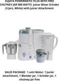 Sujata 'S POWERMATIC PLUS WITH FREE CHUTNEY JAR & JUICER ATTACHMENT PMP 900 Juicer Mixer Grinder 3 Jars, White