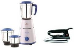 Bajaj Combo Pack Pluto with 600 Dry Iron 500 W Mixer Grinder with Iron 3 Jars, White, Blue