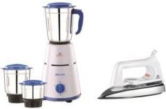 Bajaj Combo Pack Pluto with 750 Dry Iron 500 W Mixer Grinder with Iron 3 Jars, White, Blue