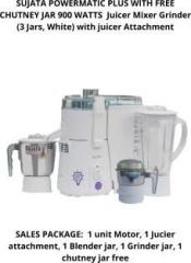 Sujata 'S POWERMATIC PLUS WITH FREE CHUTNEY JAR & JUICER ATTACHMENT PMP 900 Juicer Mixer Grinder 3 Jars, White