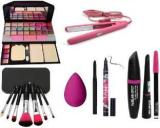 Klaty BLACK Smudge Proof Kajal, 3in1 Combo Set, 36h Eyeliner, Washable Makeup Sponge/Puff, Set Of 7 BLACK/PINK Makeup Brushes, All In One Best Makeup Kit 6155 & Professional Hold/Styling Mini Hair Straightener Hair Straightener