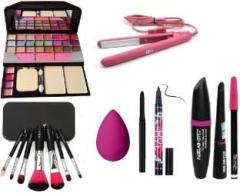 Klaty BLACK Smudge Proof Kajal, 3in1 Combo set, 36h Eyeliner, Washable Makeup Sponge/Puff, Set of 7 BLACK/PINK Makeup Brushes, All in One Best Makeup kit 6155 & Professional Hold/Styling Mini Hair Straightener Hair Straightener