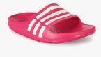 Adidas Magenta & White DURAMO SLIDE Striped Flip Flops Girls