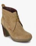 Delize Beige Solid Heeled Boots Women