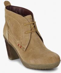 Delize Beige Solid Heeled Boots women