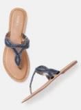 Imara Blue Embellished T Strap Flats Women