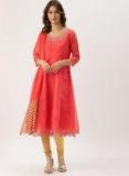 Imara Coral Pink & Yellow Yoke Design Kurta With Churidar & Dupatta Women