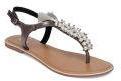 Imara Gunmetal Toned & White Embellished T Strap Flats Women