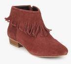 Inara Maroon Fringes Ankle Length Boots Women