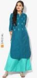 Sangria Embroidered Band Collar Shaped Hem Kurta With 3/4Th Sleeves Teamed Up With Solid Palazzo Women