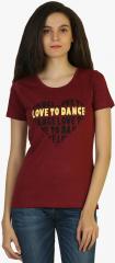 Belle Fille Maroon Printed Round Neck Tshirt women