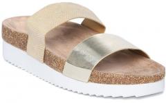 Dune London Women Gold Toned & Beige Open Toe Flats