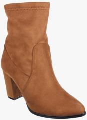 Flat N Heels Tan Solid Heeled Boots women