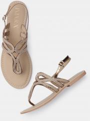 Imara Beige Solid T Strap Flats women