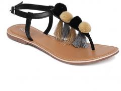 Imara Black Tasselled Open Toe Flats women