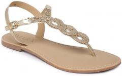 Imara Gold Toned & Beige Woven Design T Strap Flats women