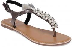 Imara Gunmetal Toned & White Embellished T Strap Flats women