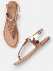 Imara Rose Gold Toned Solid T Strap Flats women