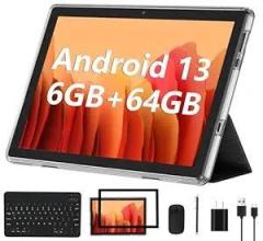 Android 13 Tablet 2023 New 10 Inch Tablets with 6GB RAM + 64GB ROM + 1TB Expanded Ouad Core, 2 in 1 Tablet with Keyboard Mouse WiFi 6 Bluetooth, GMS Certified IPS Touch Screen Tablet Black Set