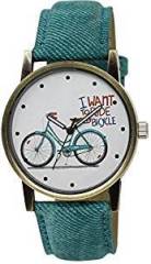 CLOUDWOOD Analogue Round Dial'I Want to Ride Bicycle Denim Green Strap Unisex Wrist Watch LRM 229