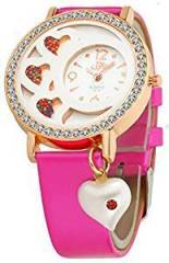 DFa Rose Gold White Heart Dial, Heart Dangle Pink Leather Strap Analogue Watch for Girls DFa023