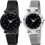 Acnos Black And Silver Color 12 Point With Trending Magnetic Analogue Metal Strap Watches For Girl's And Women's Pack Of 2 DM 200 220