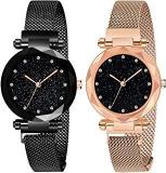 Acnos Black Round Diamond Dial With Latest Generation Purple & Rosegold Magnet Belt Analogue Watch For Women Pack Of 2 DM PURPLE ROSEGOLD05