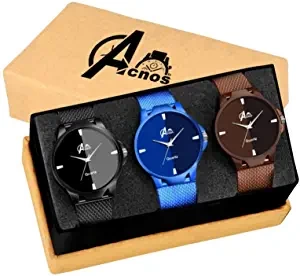 Acnos Brand A Branded 3 Different Colors Black Blue and Brown Analogue Super Quality Stylish Watches for Mens/Watches for Boys Pack of 3