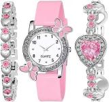 Acnos White Dial Diamond Pink Analog Watch Love Heart Diamond Bracelet For Girls Best Design Butterfly Combo 3 Pack Of 3