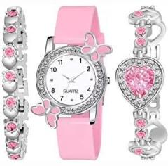 Acnos White Dial Diamond Pink Analog Watch Love Heart Diamond Bracelet for Girls Best Design Butterfly Combo 3 Pack of 3