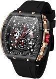 AIMES Watches for Men Luxury Skeleton Tonneau Watch for Men Waterproof Adjustable Silicone Strap Steampunk Style Chronograph Calendar Date Business Luminous Cool Large Square Face Wristwatch, E Black rose