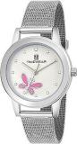 Analog Pink Butterfly Silver Dial Stainless Steel Strap Watch For Women