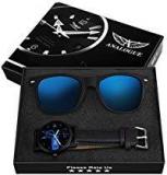 Analogue Blue Reflector Wayfarer Sunglasses And Analogue Watch For Men Blue And Black Dial