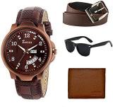 Analogue Brown Dial Leather Strap Watch With Wallet, Belt And Sunglass Set For Men & Boys