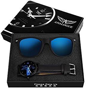 Analogue Men's Blue Dial Watch and Wayfarer Sunglasses Combo Set