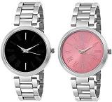 Analogue Women's Watch Black & Pink Dial Silver Colored Strap Pack Of 2