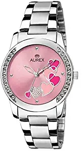 Aurex Analouge Pink Dial Watch Water Resistant Silver Color Strap Wrist Watch for Women/Ladies/Girls AX LR533 PKC