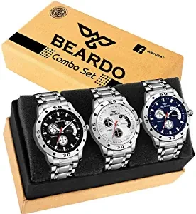 BEARDO Quartz Movement Analogue Display Multicoloured Dial Men's Watch ARMBLK~27GREY~27SMILY Pack of 3