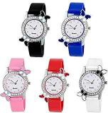 BID Diamond Studded Attractive Butterfly Stylish Set Of 5 Multi Colored Women Combo Watch For Girls