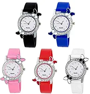 BID Diamond Studded Attractive Butterfly Stylish Set of 5 Multi Colored Women Combo Watch for Girls