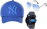 BID Unisex Combo Sun Glass Analogue Watch And Cap Blue