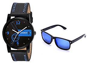 CASADO BLACK SLIM Series Round Analog Wrist Watch and 1 Blue Reflector Wayfraer Sunglasses for Men's AND Boy's