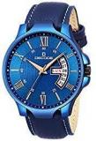 Decode 877 Blue Exquisite Collection Day & Date Leather Strap Wrist Watch For Men