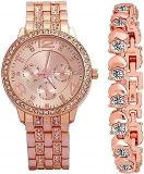 Diamond Studded Stylish Analogue Watch With Rose Gold Dot Bracelet For Girls & Women