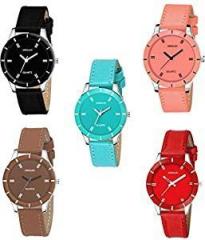 Drealex Combo Analogue Leather Strap Girls and Women's Watch Assorted Dial Assorted Colored Strap Pack of 5